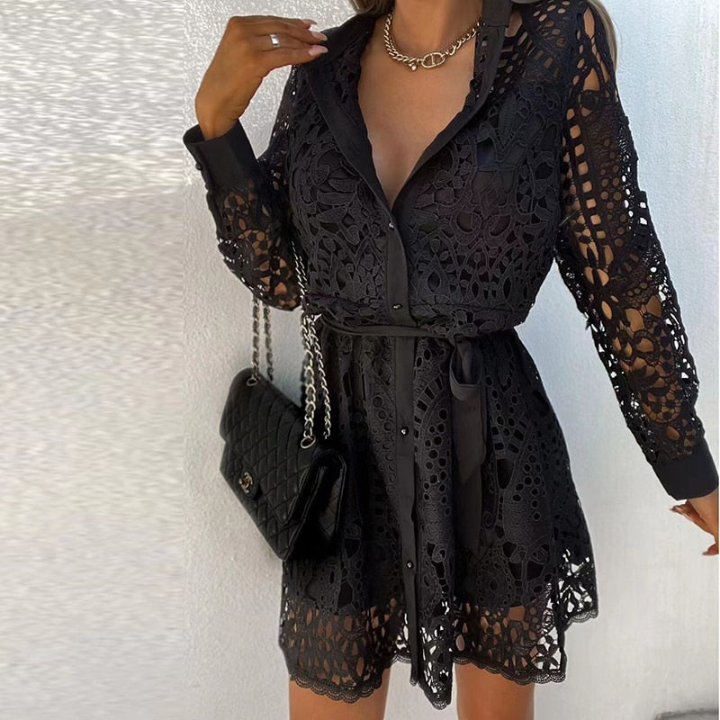 Women's Midi Dress Black Lace Elegant 3
