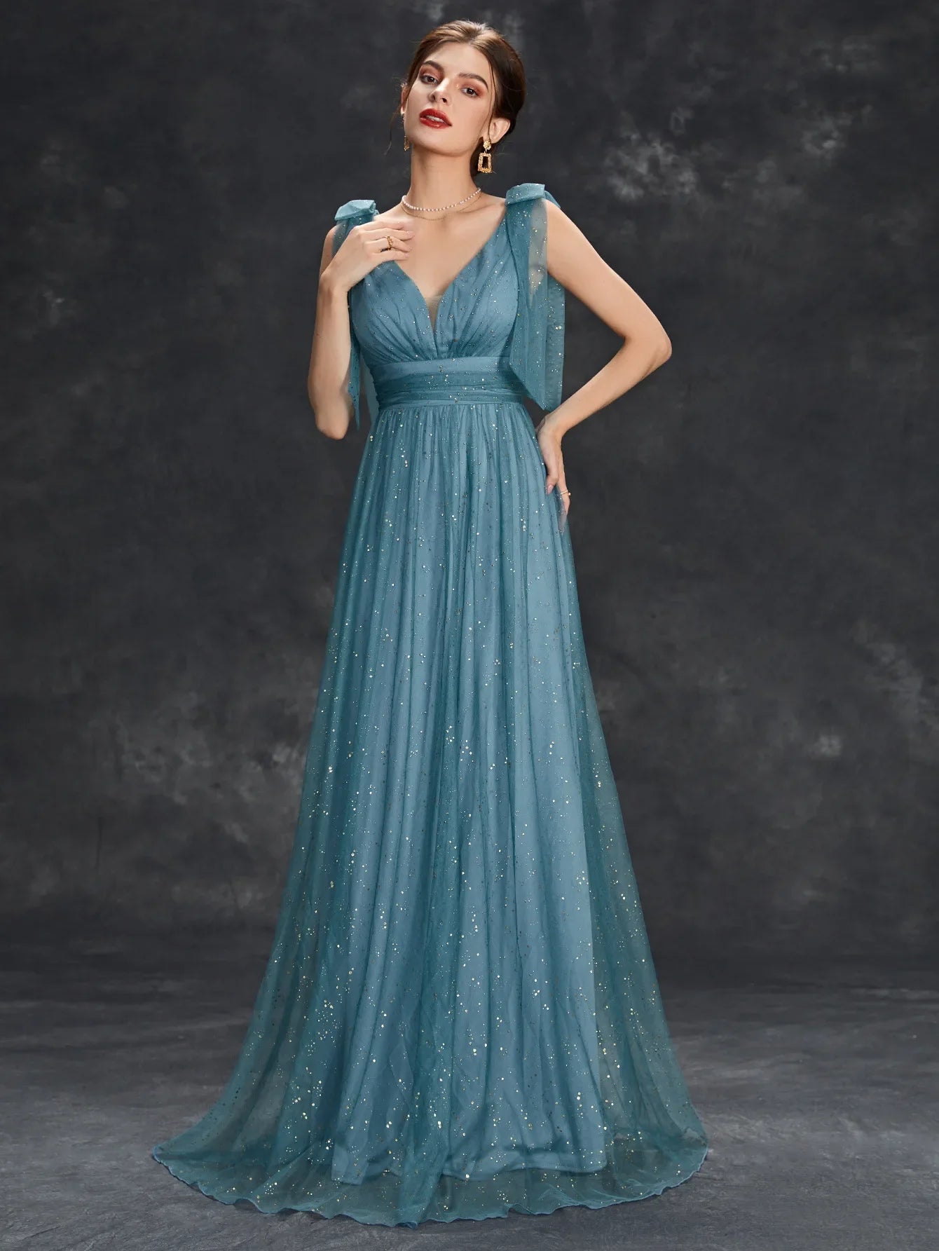 Variant image for Women's Evening Gown Black Sheer Glitter A-Line-13