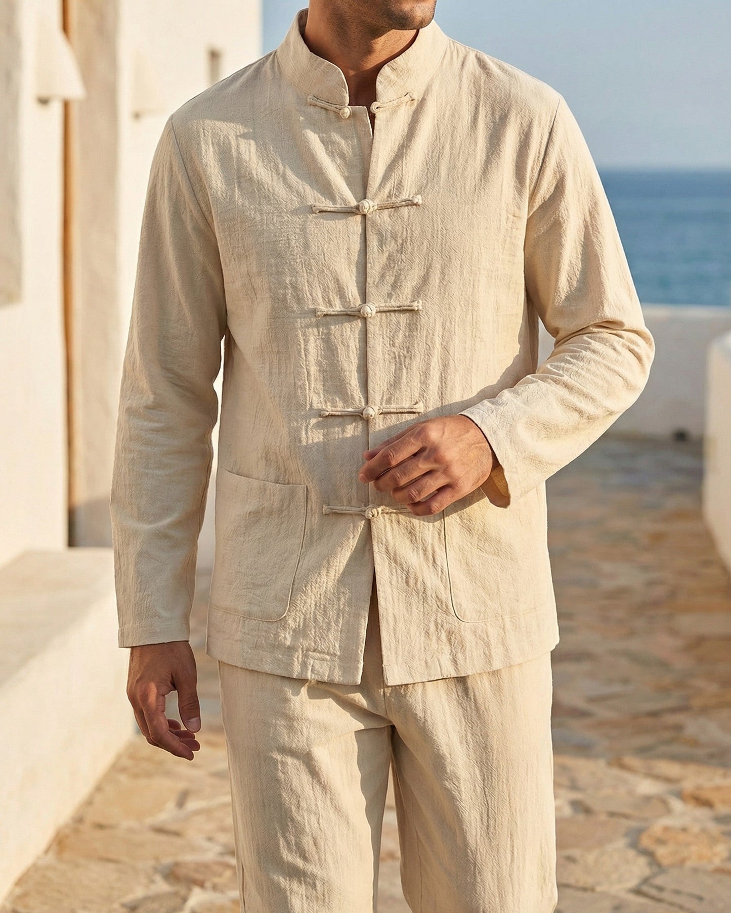 Men's Lightweight Linen Shirt and Trouser Set - close-up view | Hensley London