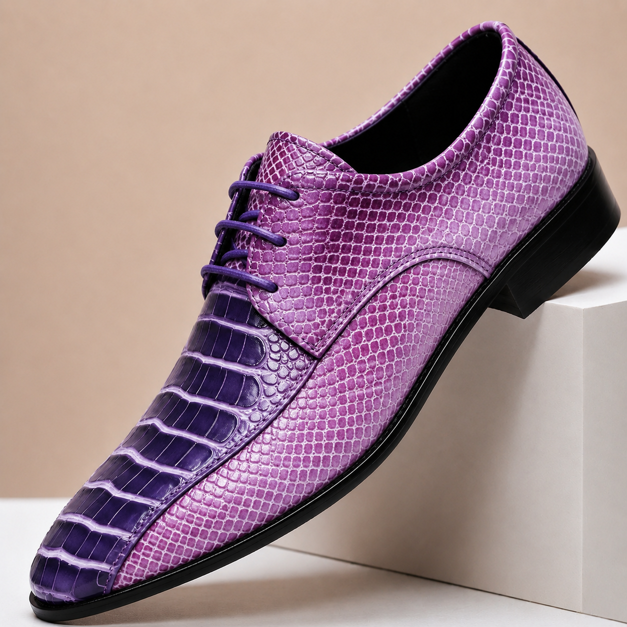 Men's Genuine Leather Textured Dress Shoes in Purple – front view | Hensley London