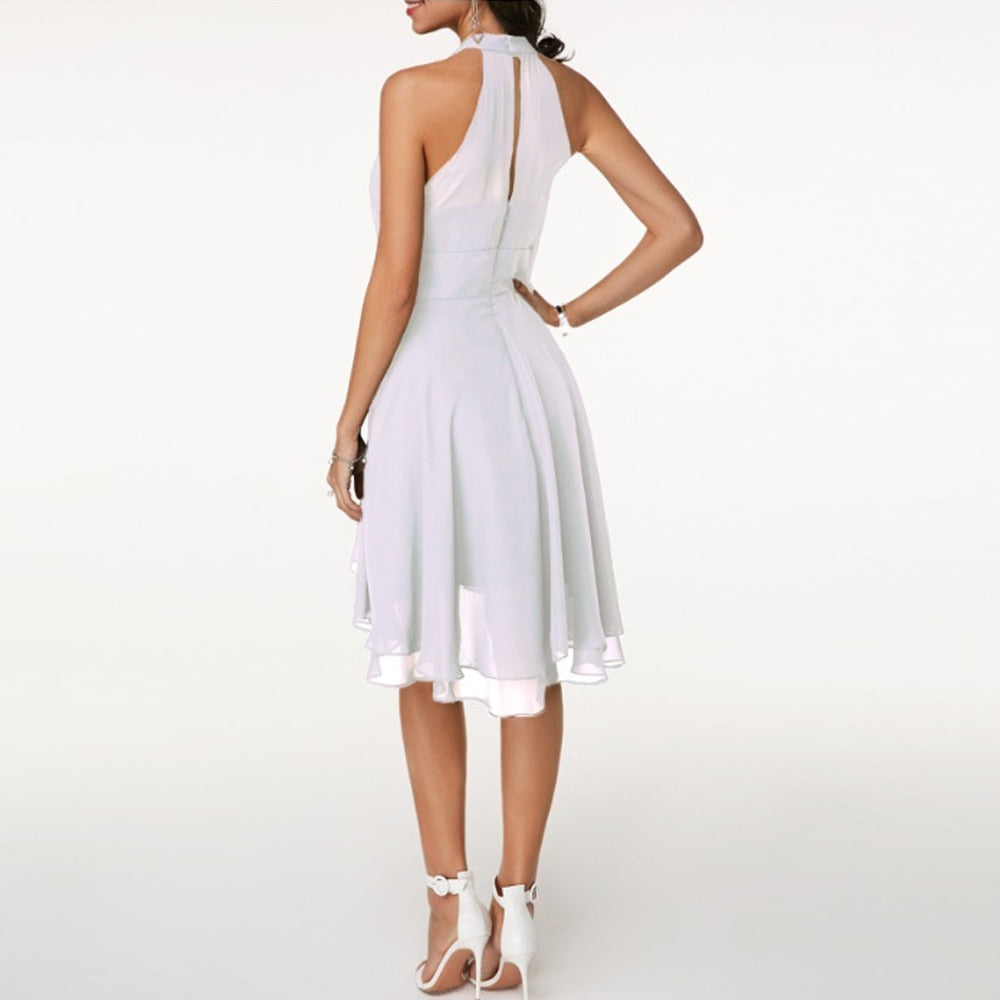 Women's Halter Neck Dress Blue Chiffon High-Low Summer Dress-3