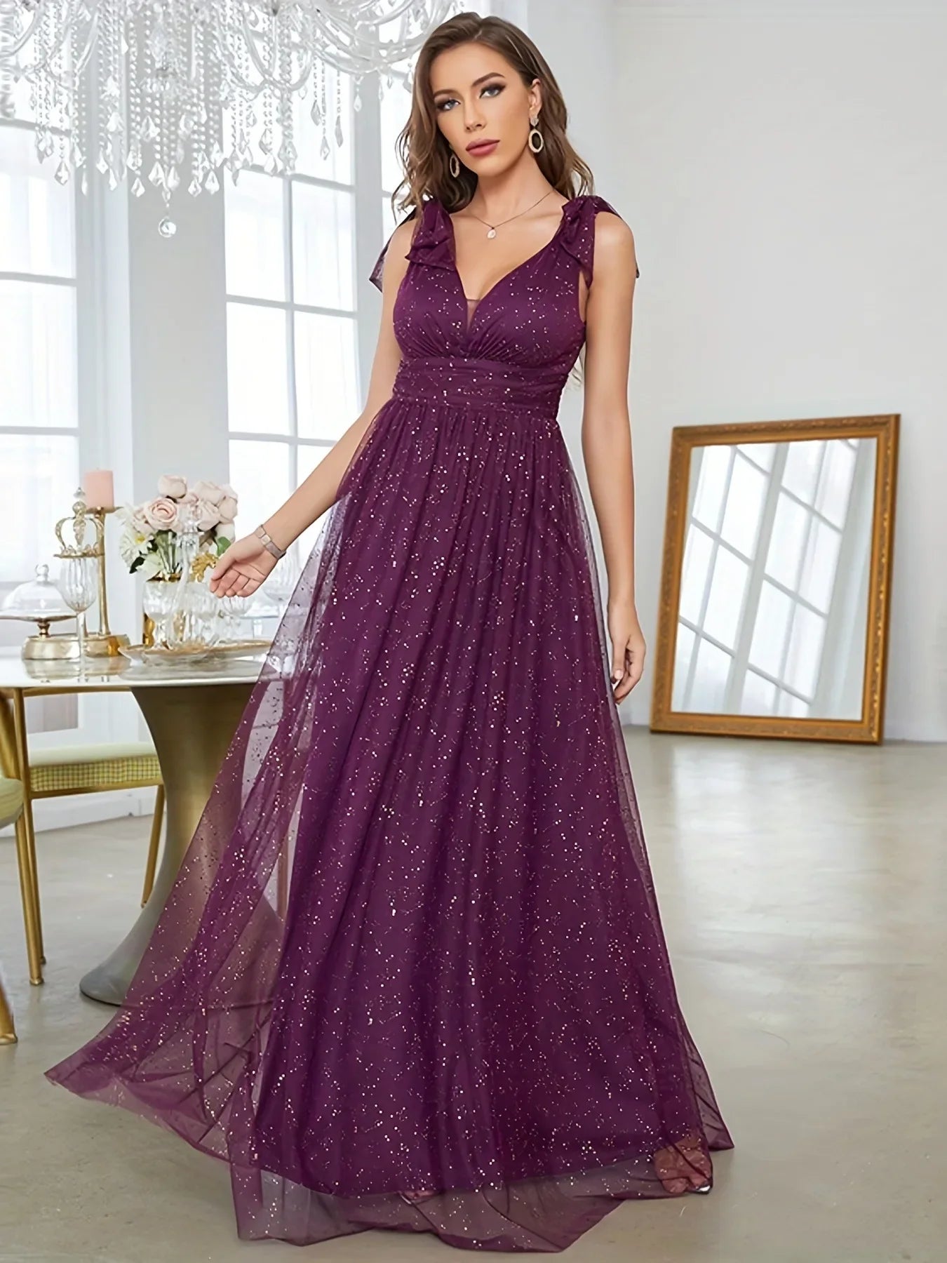 Variant image for Women's Evening Gown Black Sheer Glitter A-Line-5