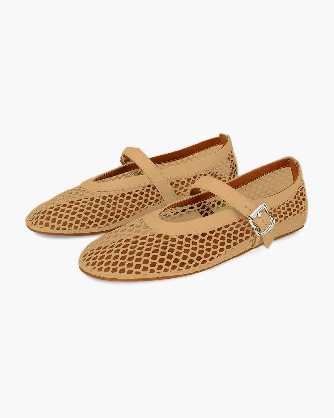 Women's Mesh Mary Jane Ballet Flats in Beige – product-only pair view | Hensley London