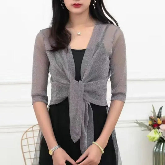 See-through Glittery Front Lace-up Summer Cardigan 0