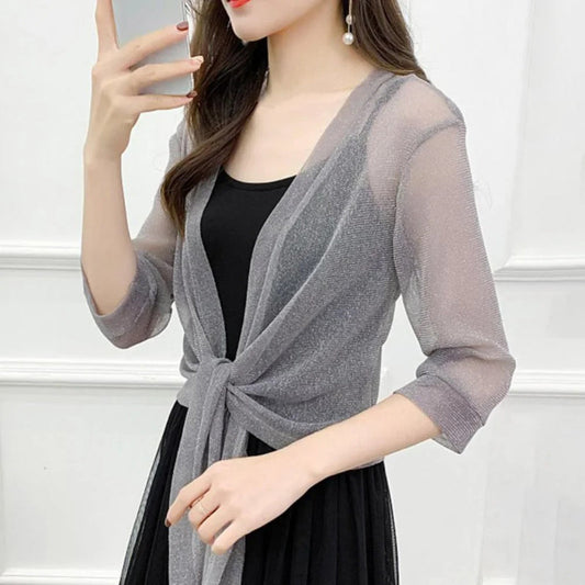 See-through Glittery Front Lace-up Summer Cardigan 1