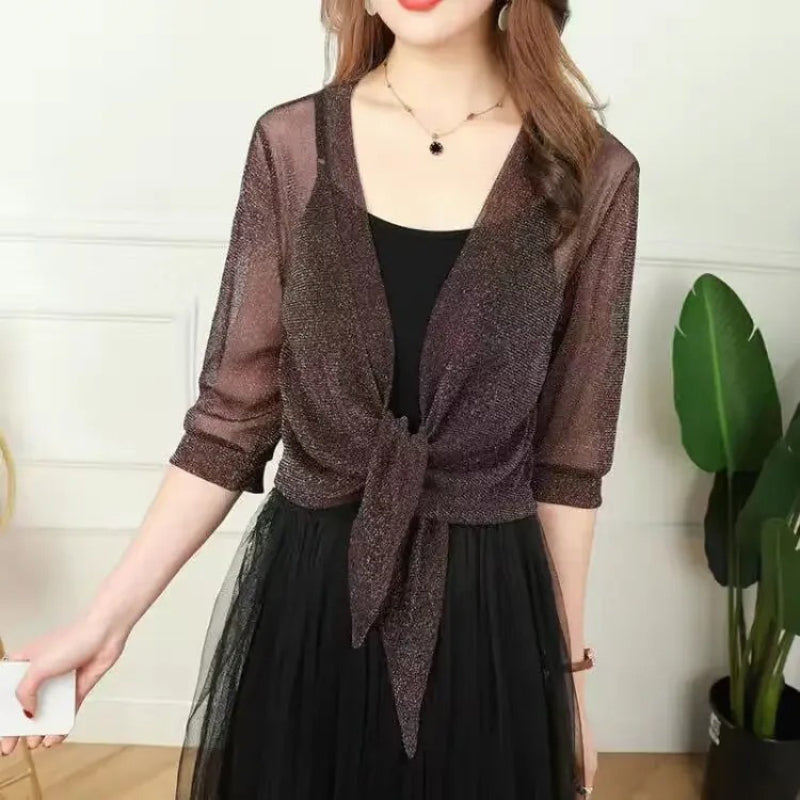 See-through Glittery Front Lace-up Summer Cardigan 2