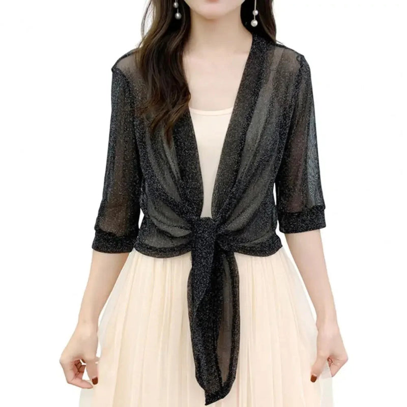 See-through Glittery Front Lace-up Summer Cardigan 4