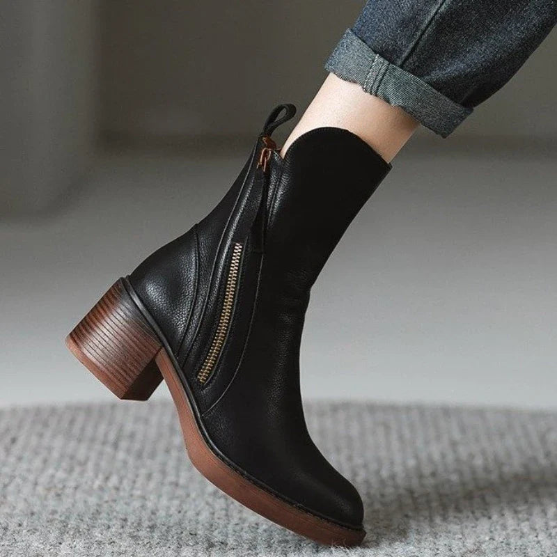 Women's Zip Ankle Boots with Block Heel in Black - product view | Hensley London