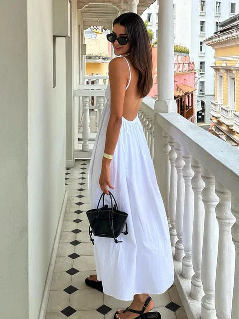 Women's Maxi Dress White Cotton Backless Spaghetti Strap-3