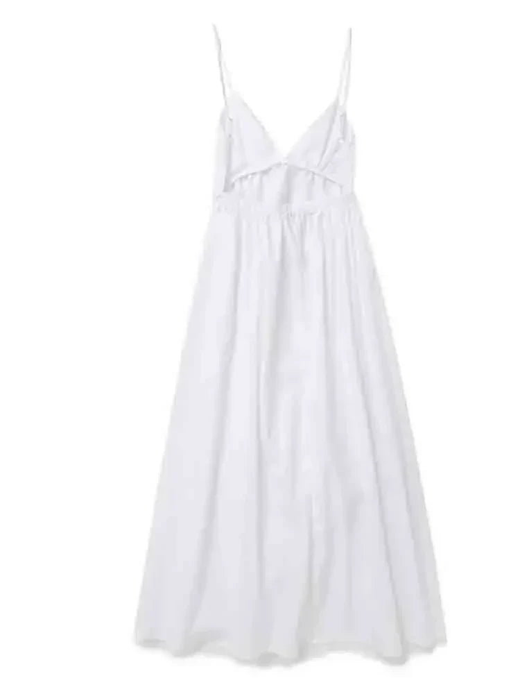 Women's Maxi Dress White Cotton Backless Spaghetti Strap-5