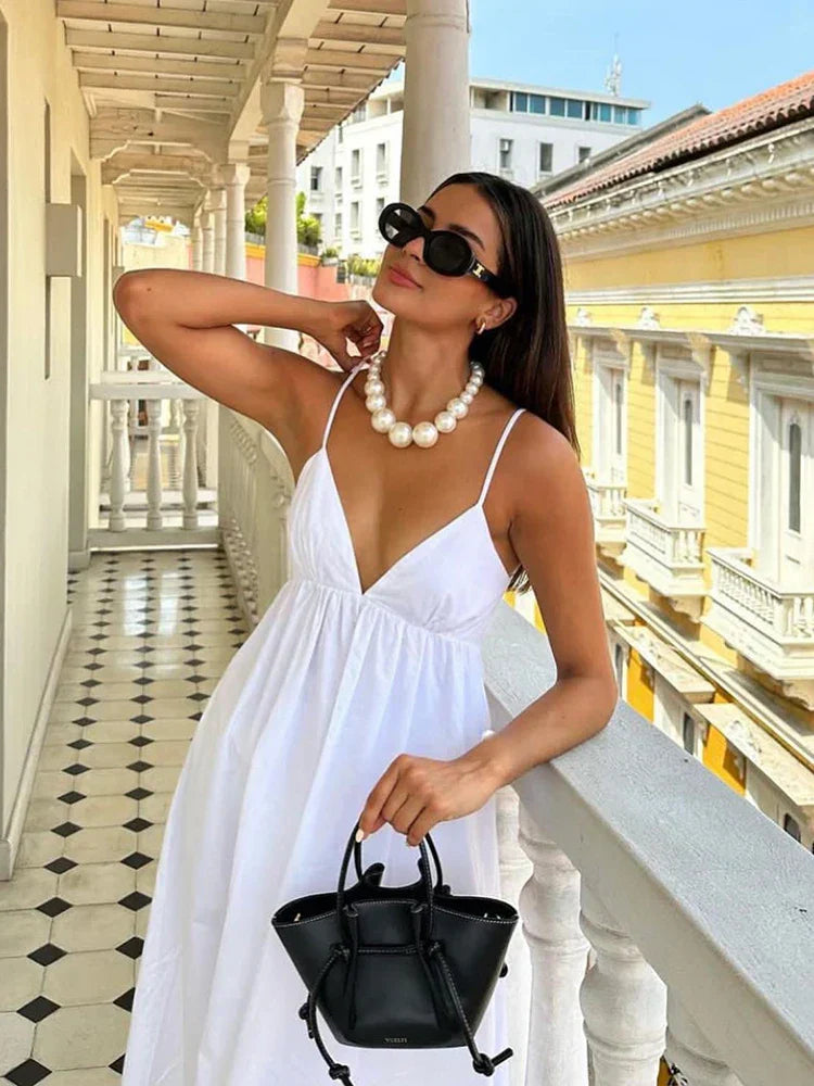 Women's Maxi Dress White Cotton Backless Spaghetti Strap-2