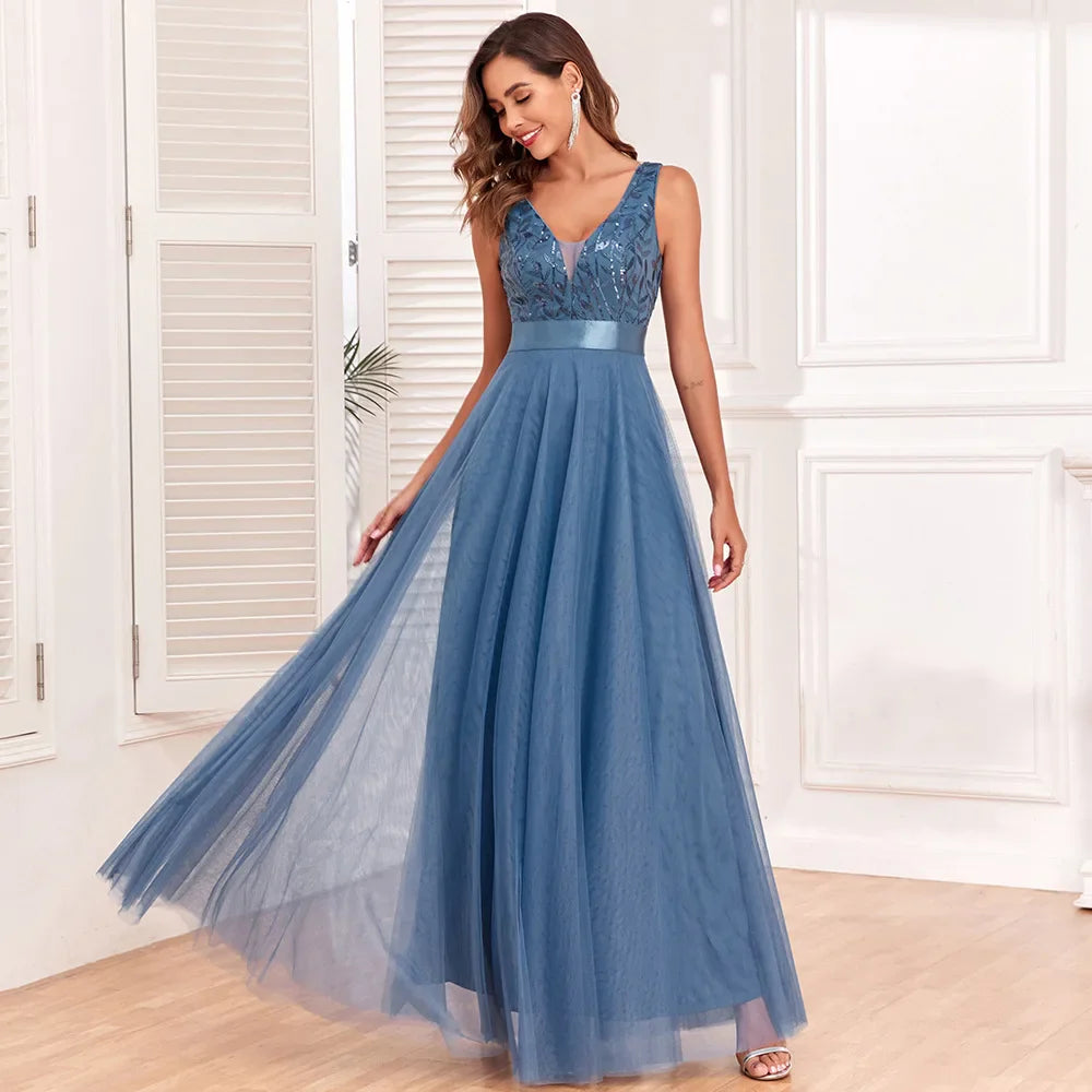 Women's Evening Gown Blue Tulle Satin Elegant A-Line Formal Dress-3