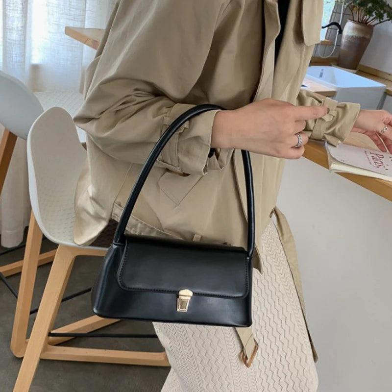Women's Black Shoulder Bag One Size Faux Leather Vintage Style-4