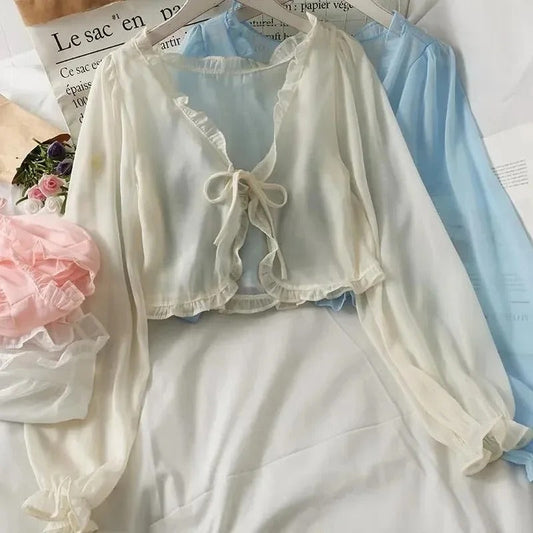 Sheer Summer Lace Tie Front Long Sleeve Cardigan for Women 1