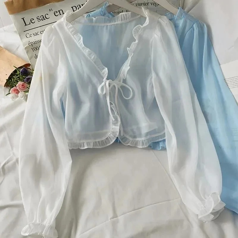 Sheer Summer Lace Tie Front Long Sleeve Cardigan for Women 2