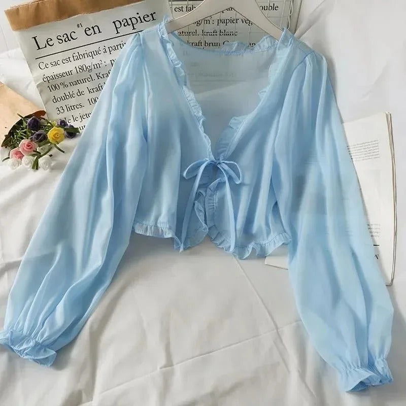 Sheer Summer Lace Tie Front Long Sleeve Cardigan for Women 4