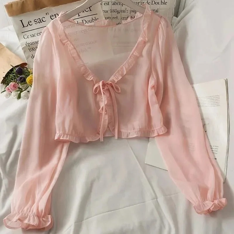 Sheer Summer Lace Tie Front Long Sleeve Cardigan for Women 5