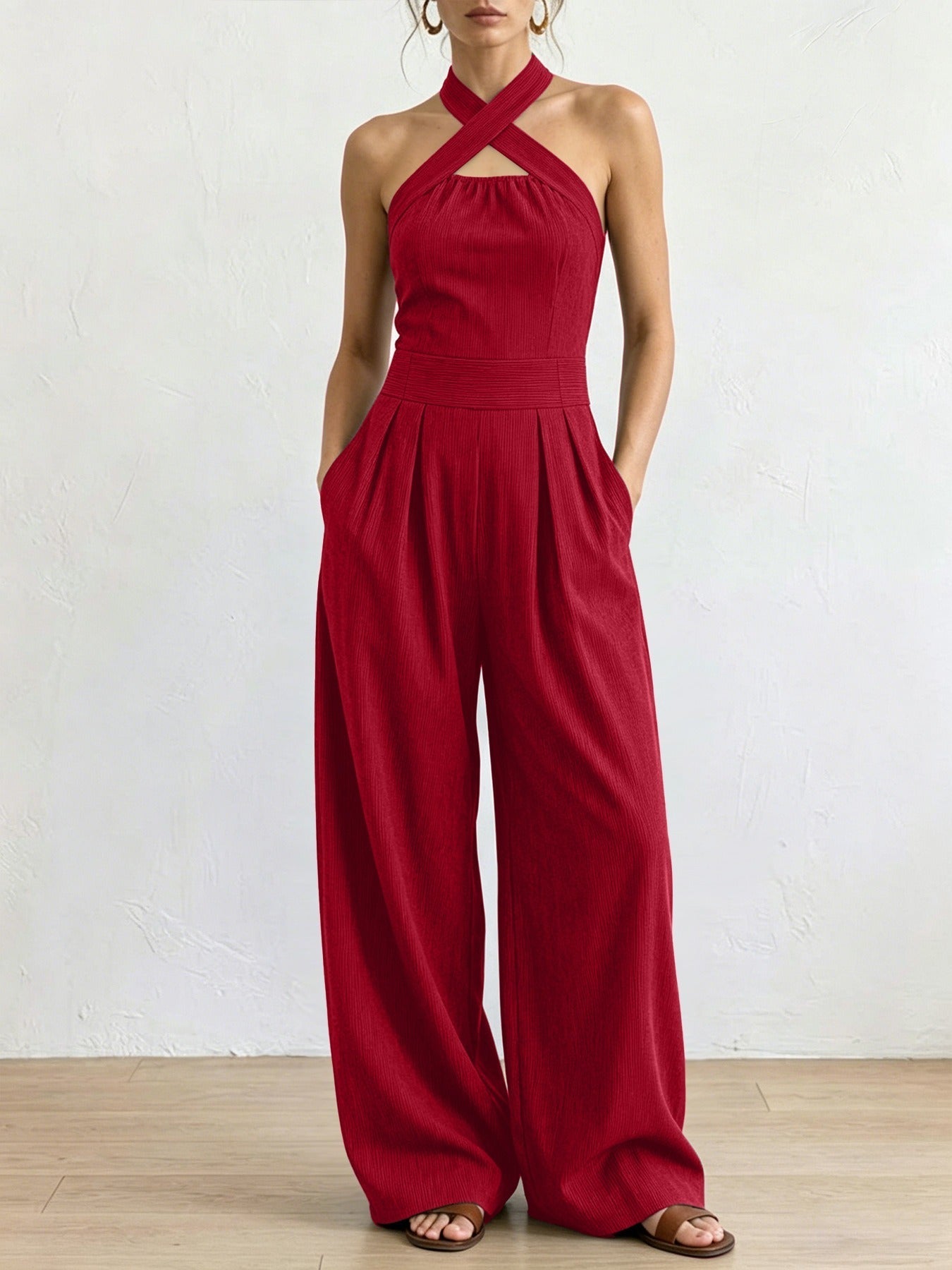 Women's Sienna Linen Blend Jumpsuit - full length view | Hensley London