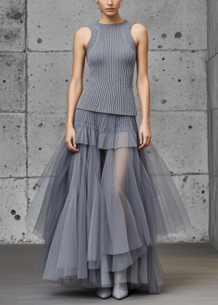 Women's Sweater Dress Grey Tulle Patchwork Sleeveless Size M - 1