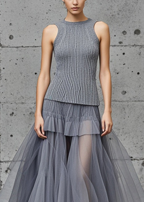 Women's Sweater Dress Grey Tulle Patchwork Sleeveless Size M - 2