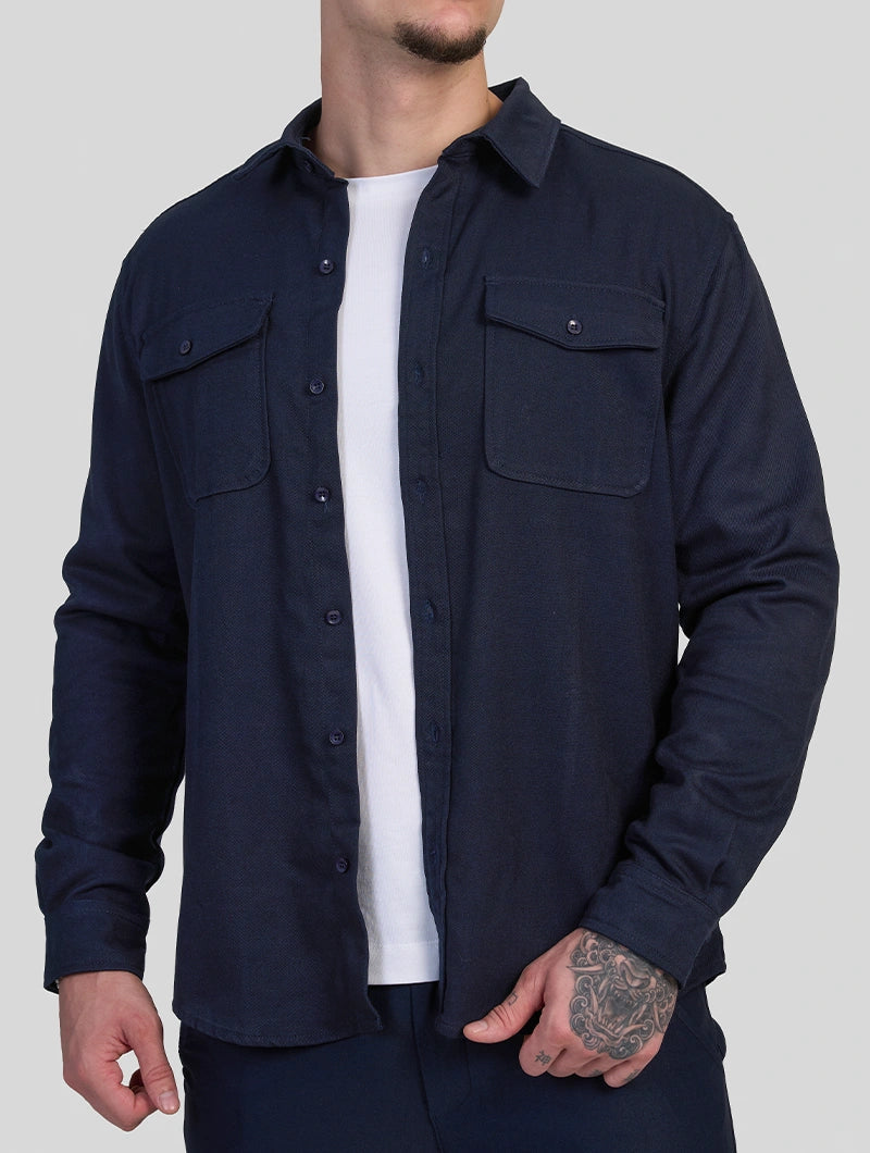 Men's Premium Cotton Blend Overshirt in Navy Blue – alternate view | Hensley London