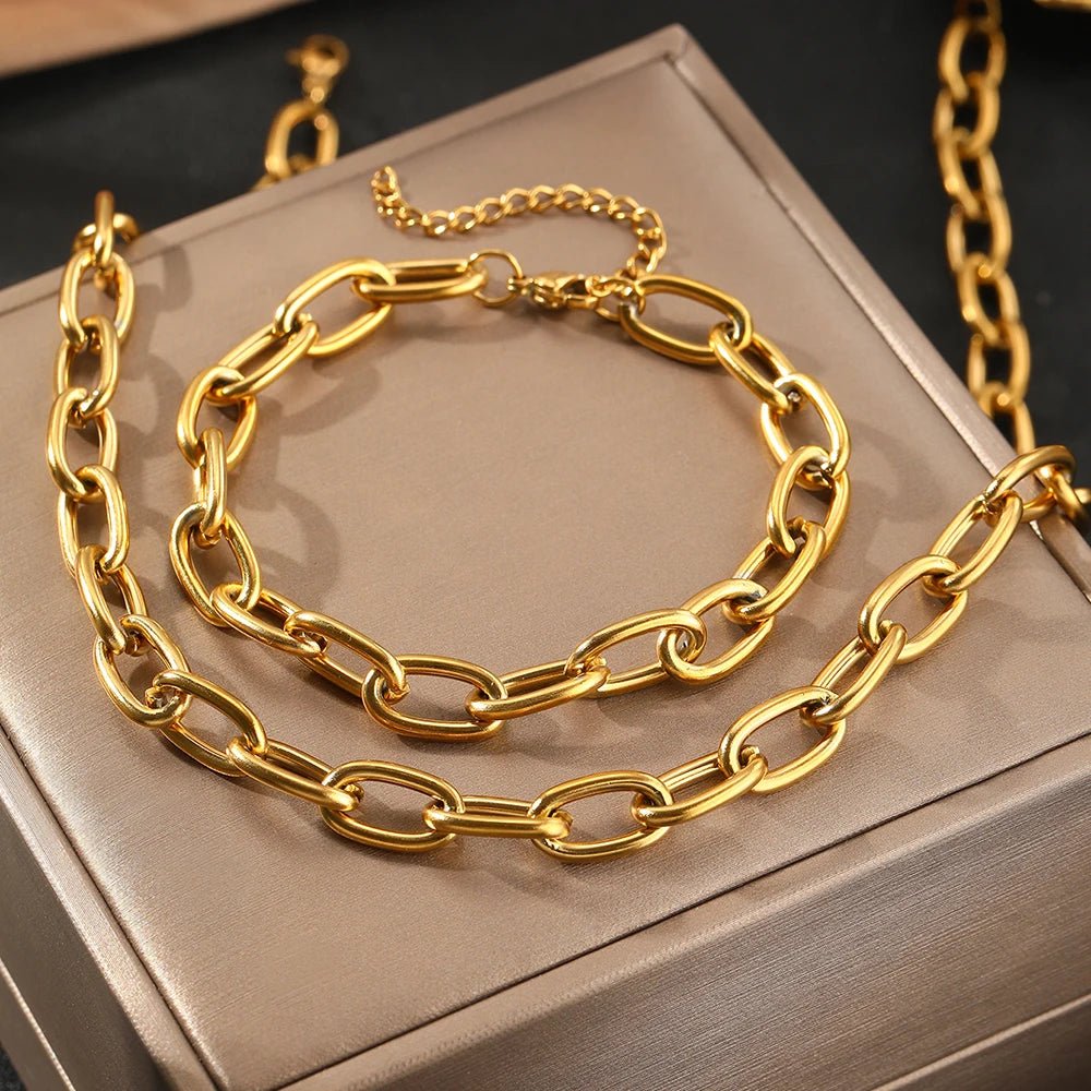 Simple Paperclip Necklace & Bracelet Set - Minimalist Gold and Silver Jewelry for Women