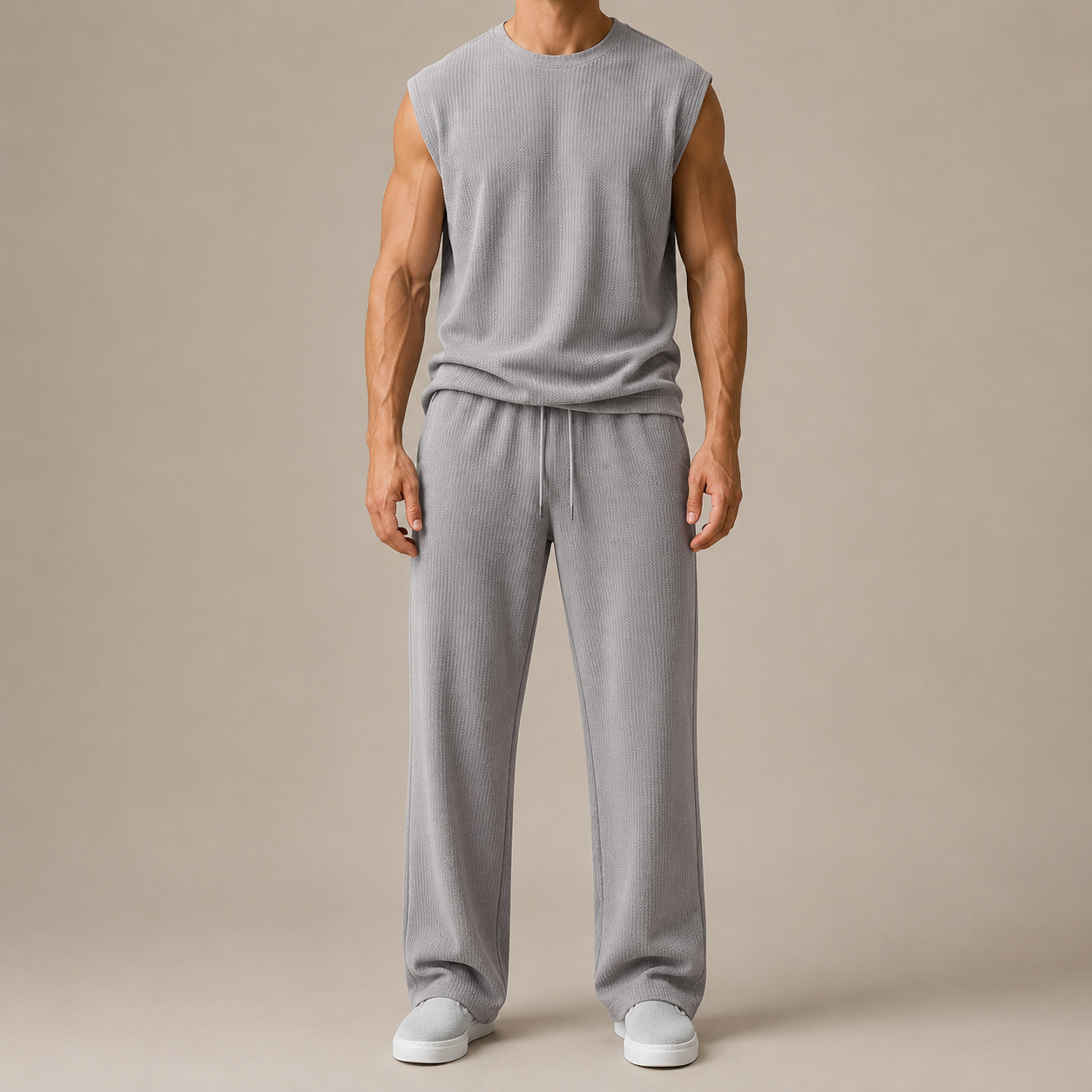 Women's Rib-Knit Sleeveless Top & Wide-Leg Pants Set – close-up view | Hensley London