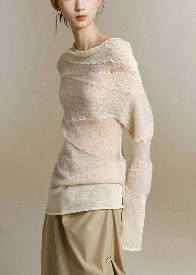 Women's Turtleneck Top Beige Knit - 4