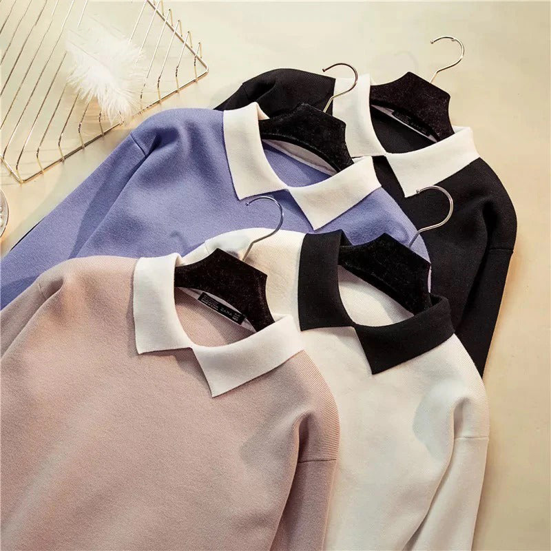 Slim Fit Turn-Down Collar Knitted Long Sleeve Sweaters 1