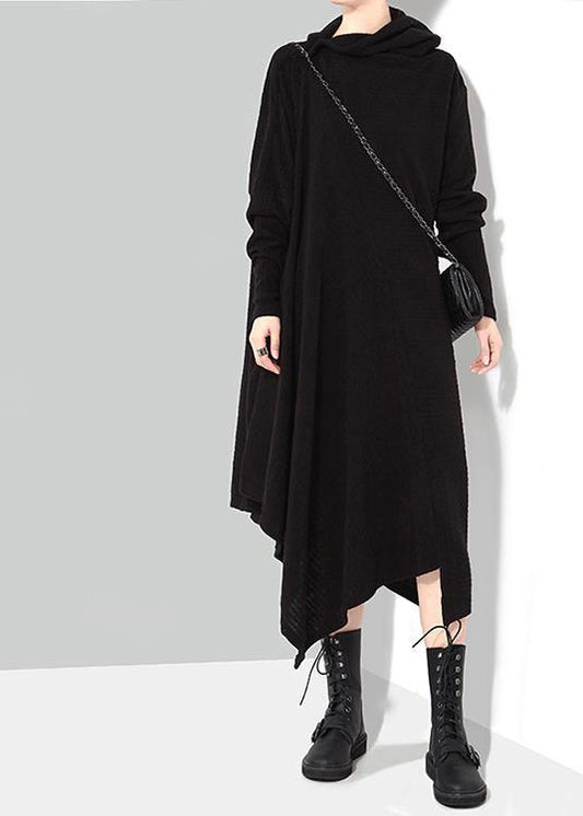 Women's Sweater Dress Black Cotton Blend Asymmetric - 2