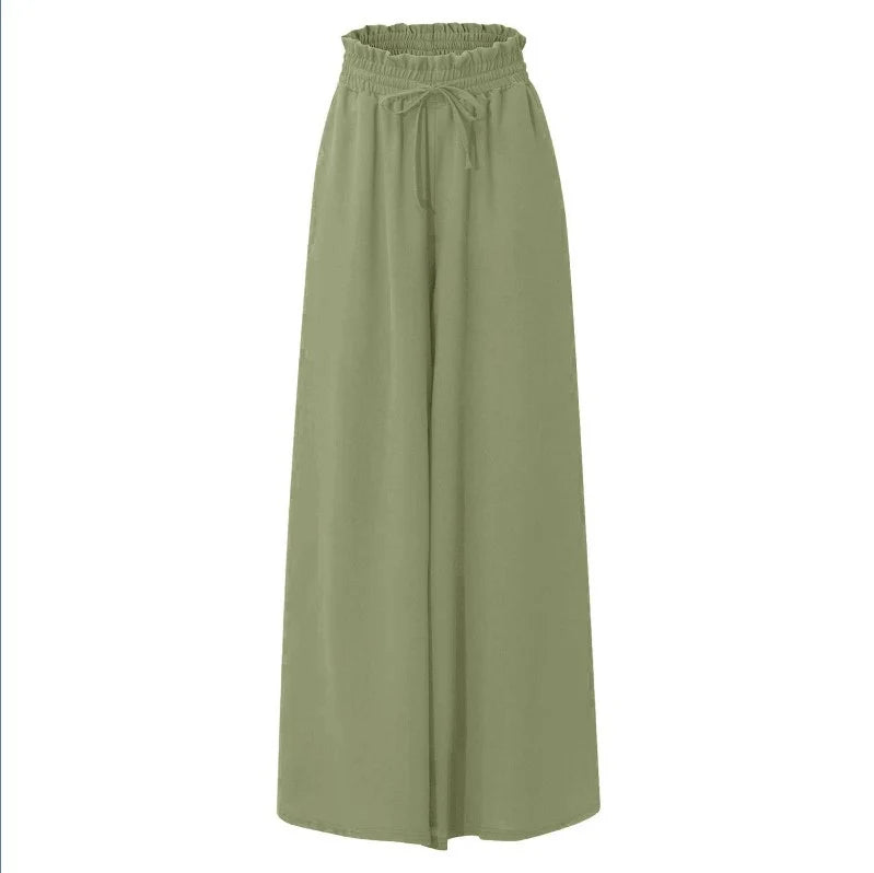 Women's High-Waist Wide-Leg Drawstring Trousers in Flat Green – Product view | Hensley London