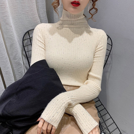 Sparkling Rhinestone Knitted Turtleneck Pullover Sweaters 0