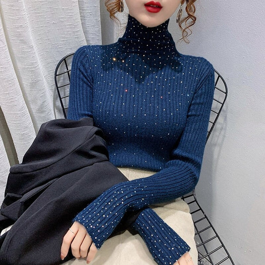 Sparkling Rhinestone Knitted Turtleneck Pullover Sweaters 1