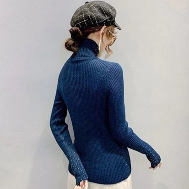 Sparkling Rhinestone Knitted Turtleneck Pullover Sweaters 2