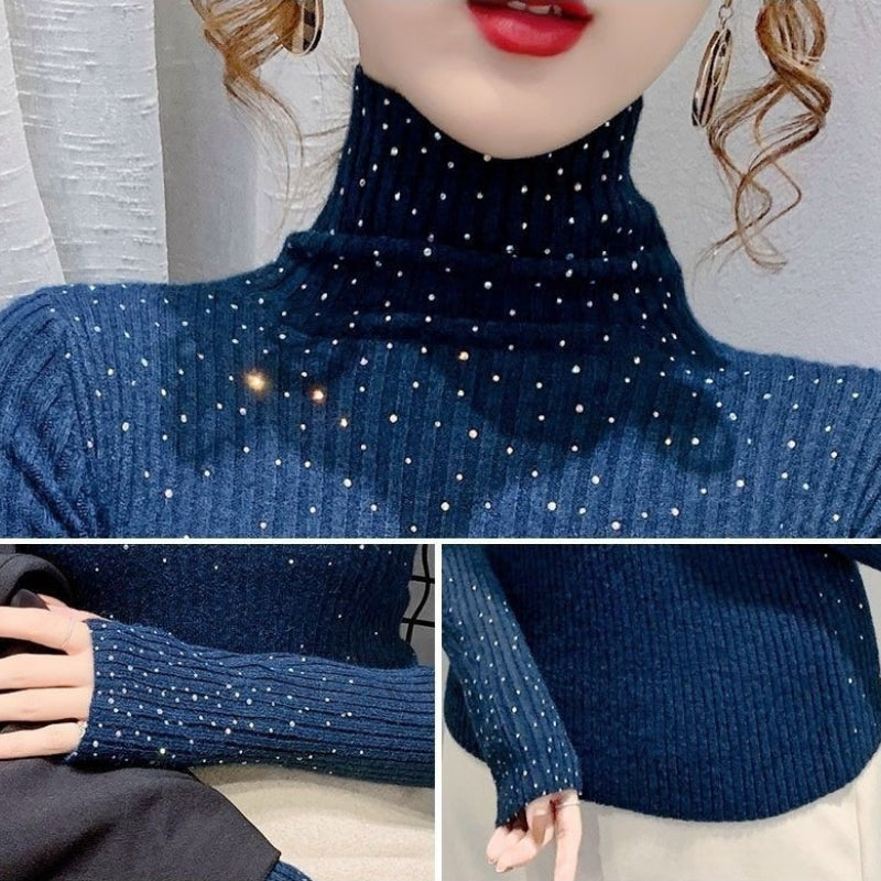 Sparkling Rhinestone Knitted Turtleneck Pullover Sweaters 3