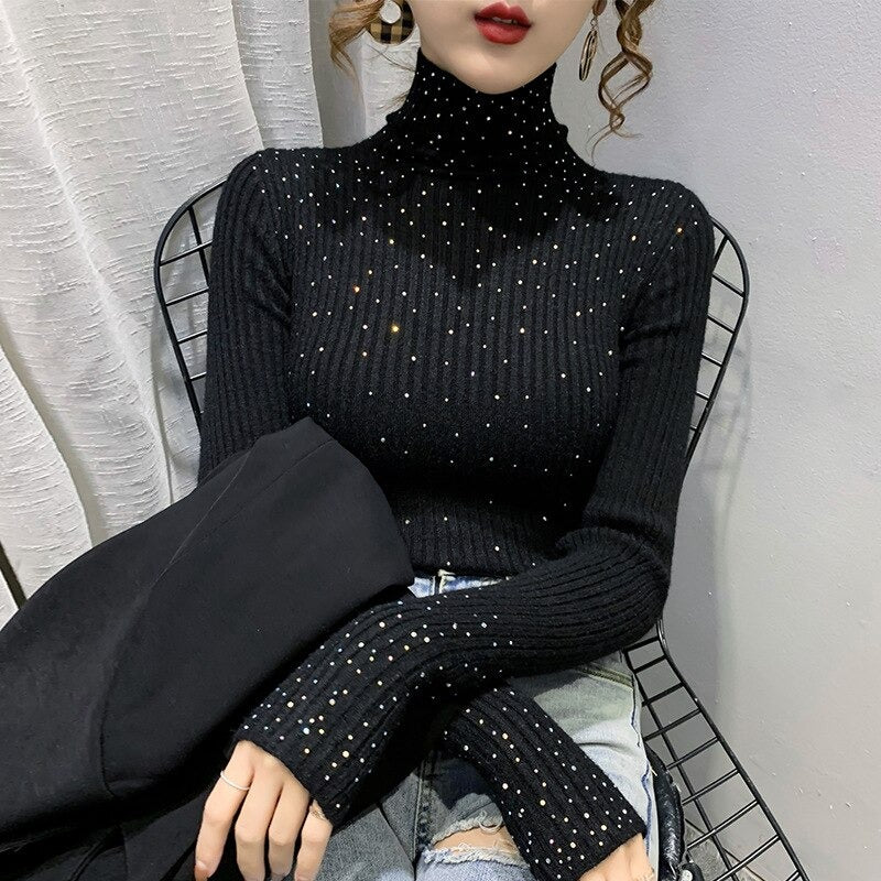 Sparkling Rhinestone Knitted Turtleneck Pullover Sweaters 4