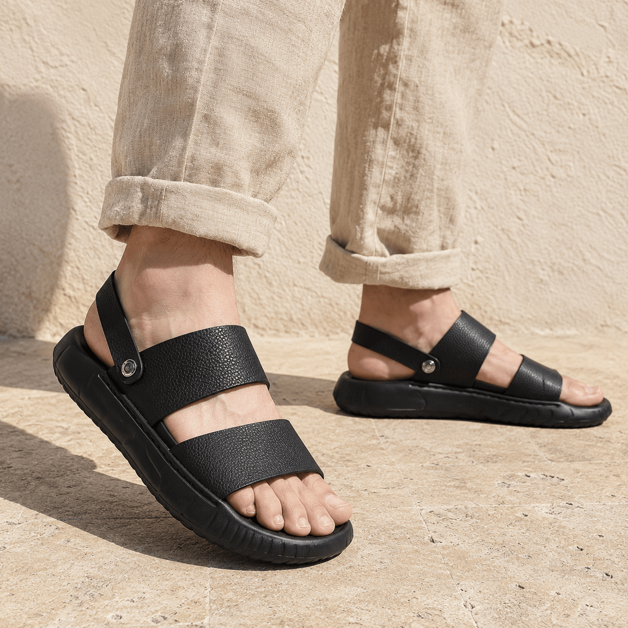 Men's Cowhide Leather Double-Strap Sandals in Black – sole view | Hensley London