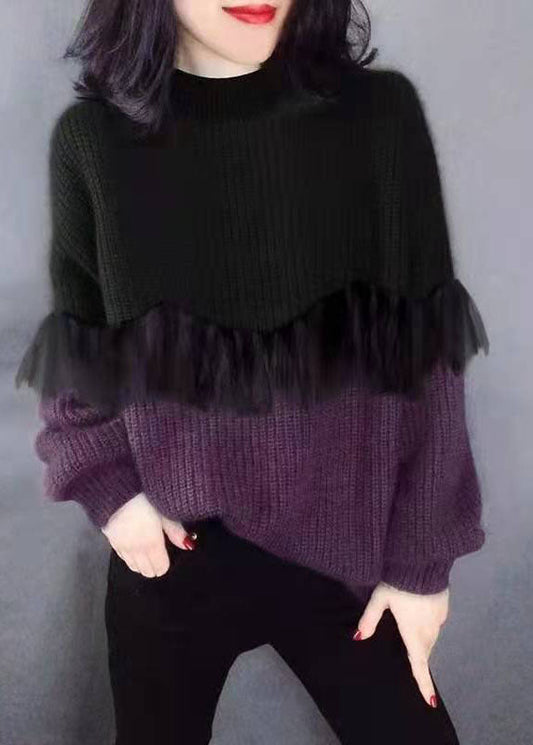 Women's Sweater Black Purple O-Neck Knit - 1