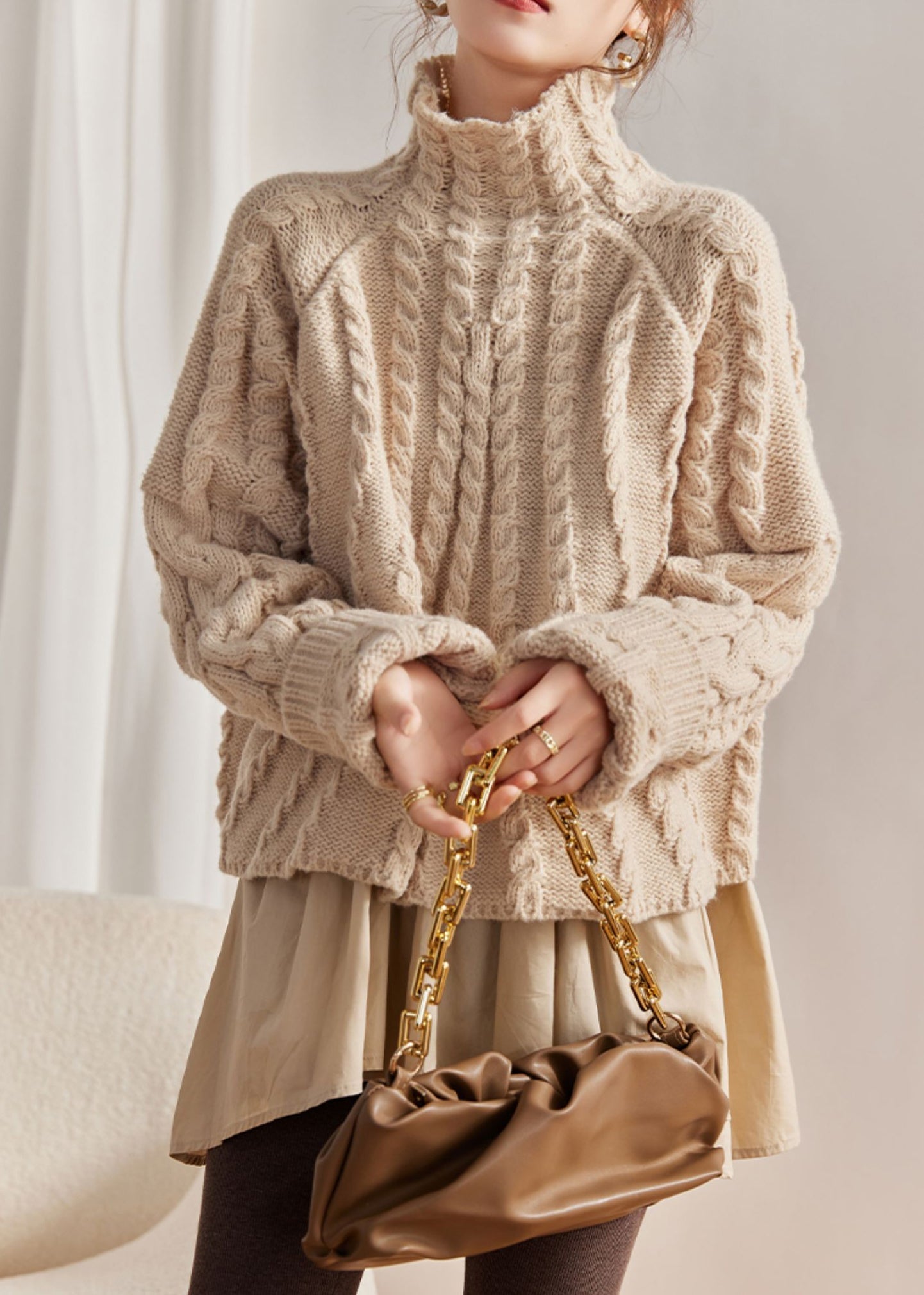 Women's Knit Sweater Caramel High Neck Two-Piece - 2