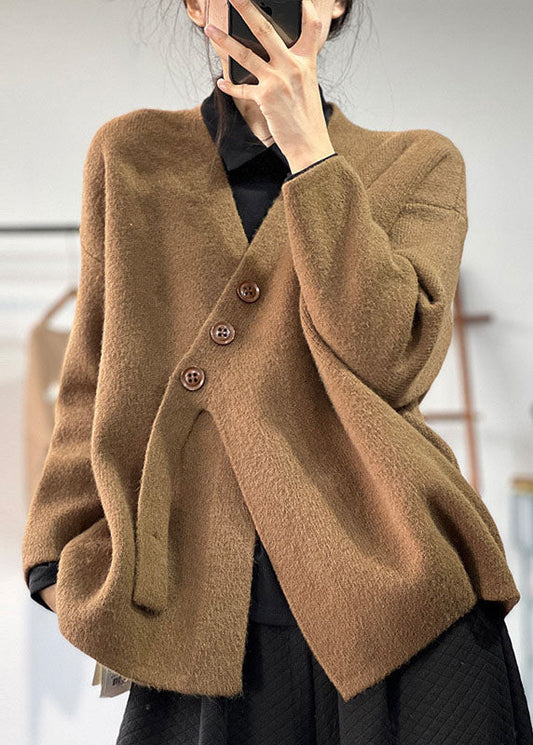 Women's Pullover Sweater Chocolate Asymmetrical Thick Knit - 1