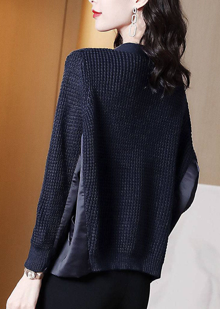 Women's Pullover Sweater Navy Asymmetrical Cotton Knit - 5
