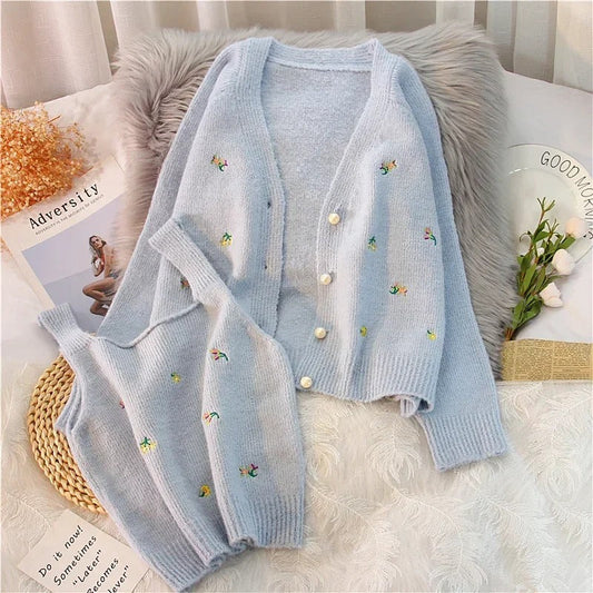 Sweet Flower Embroidery Cardigans and Tank Top Sets 0