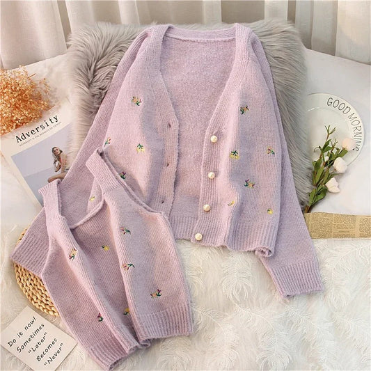 Sweet Flower Embroidery Cardigans and Tank Top Sets 1