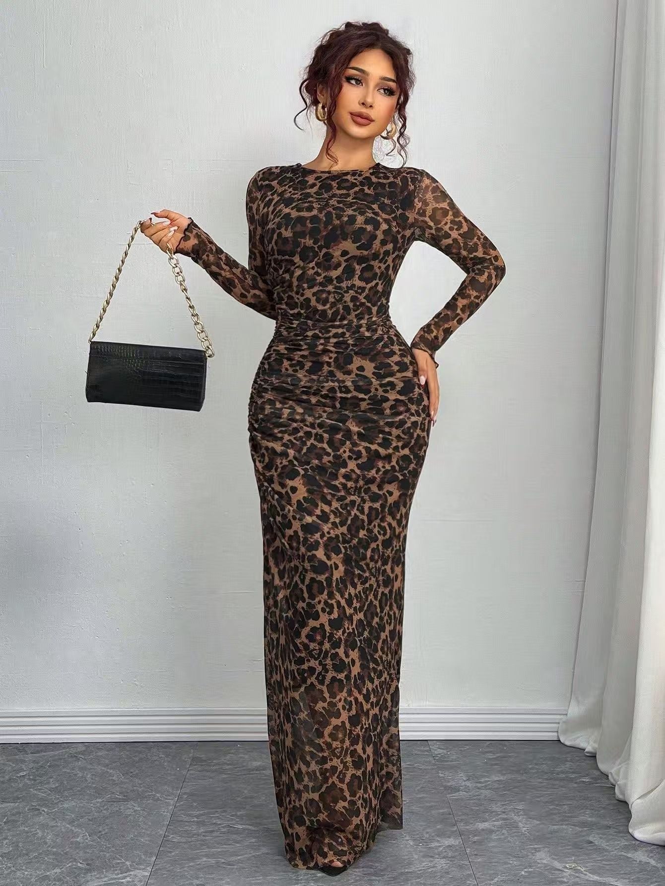 Women's Printed Long-Sleeve Bodycon Maxi Dress in Leopard – front view | Hensley London