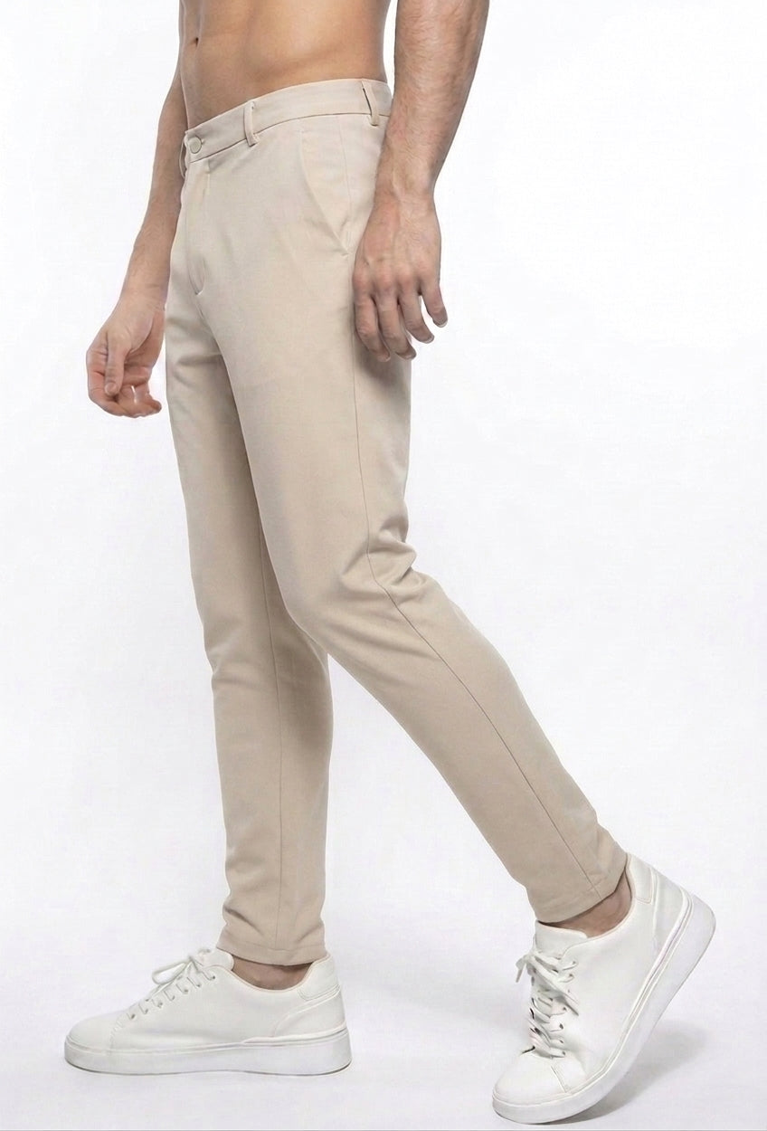 Men's Stretch Cotton Chino Trousers in Beige – product view | Hensley London