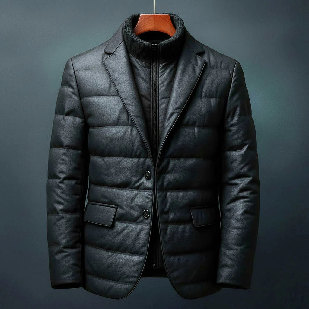 Men's Quilted Blazer Jacket with Zip Insert in Black – product view 3 | Hensley London