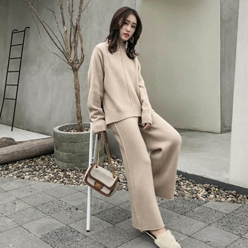 Thick Knitted Two-Piece Set Turtleneck Sweater and Pants 0