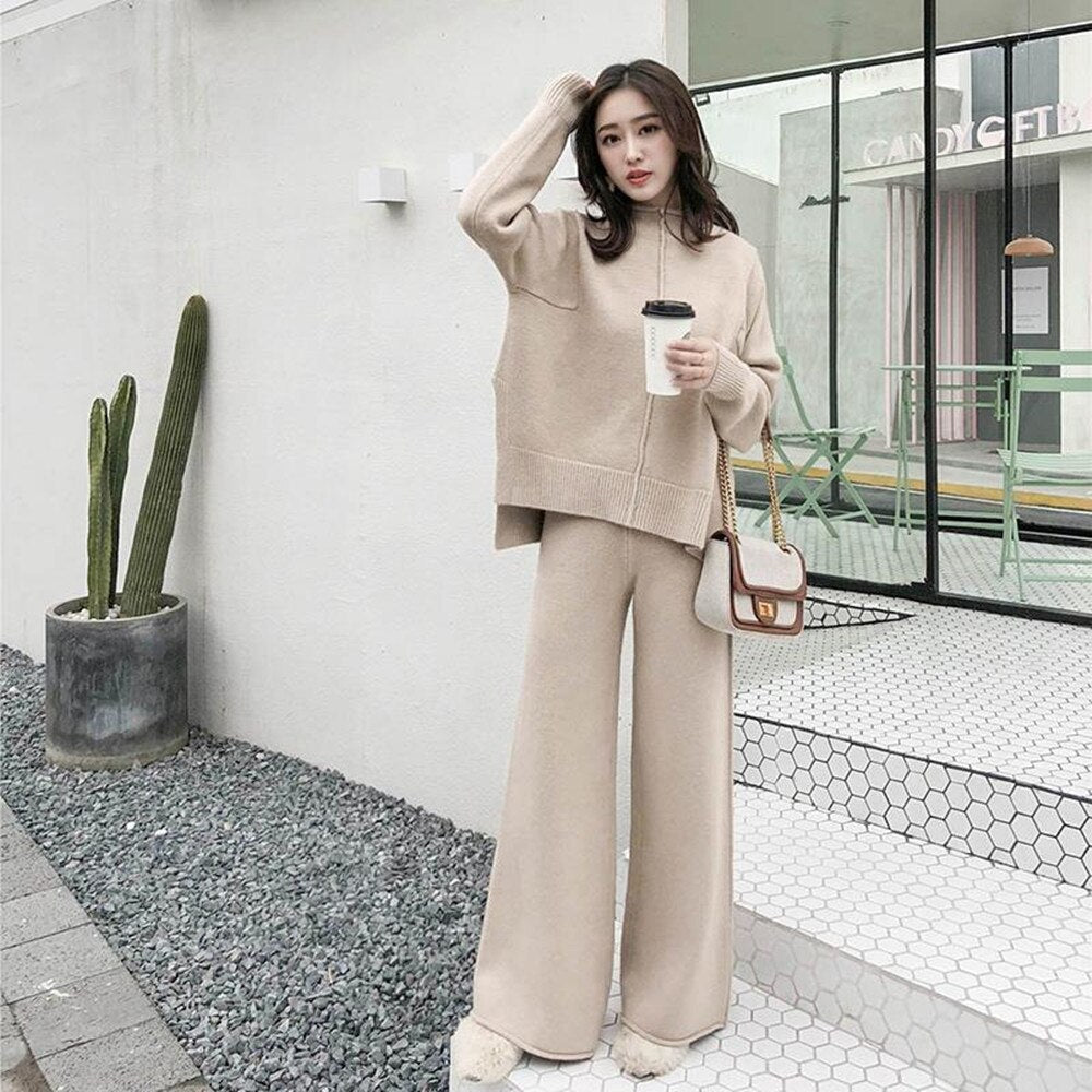 Thick Knitted Two-Piece Set Turtleneck Sweater and Pants 1