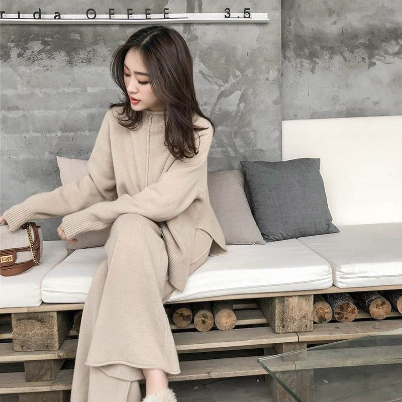 Thick Knitted Two-Piece Set Turtleneck Sweater and Pants 3