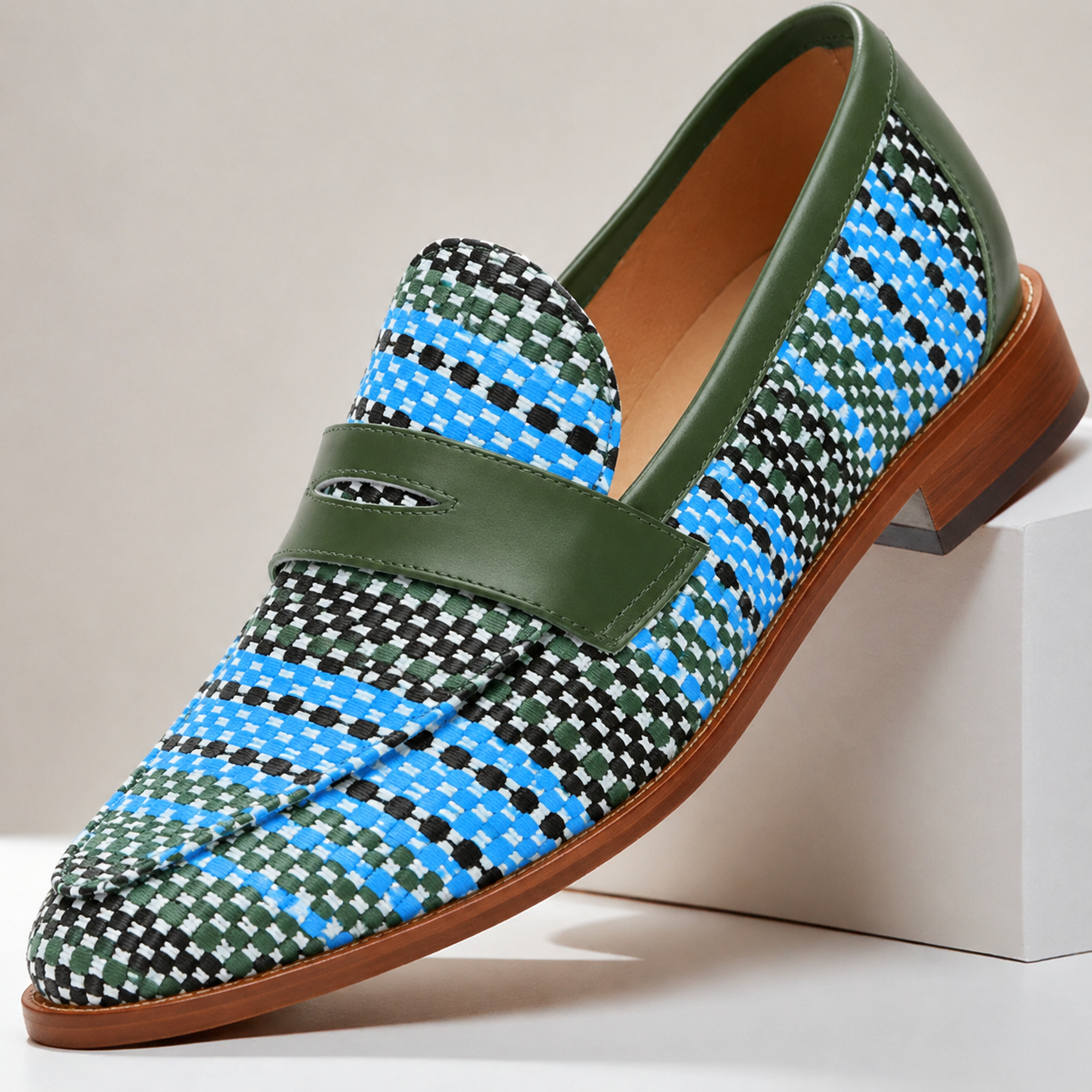 Men's Multicolour Woven Slip-On Loafers in Green & Blue - additional view 5 | Hensley London